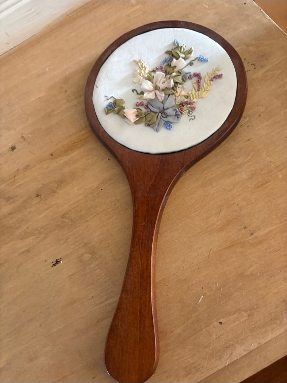 Vintage Wooden Hand Mirror in Warm Brown